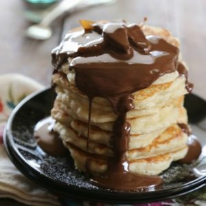 Recipe for pancake toppings with Harry & David chocolate truffles and candies pears