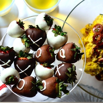 Valentine's Brunch is a special occasion with chocolate covered strawberries for dessert.