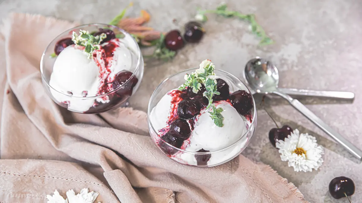 Cherry jubilee in two bowls.