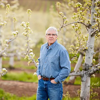 Matt Borman standing in bee pollinated orchard.