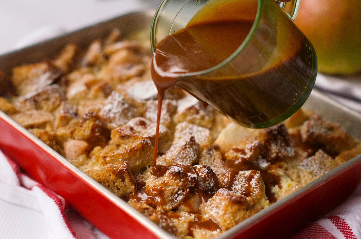 Pear Bread Pudding Recipe with Caramel Sauce