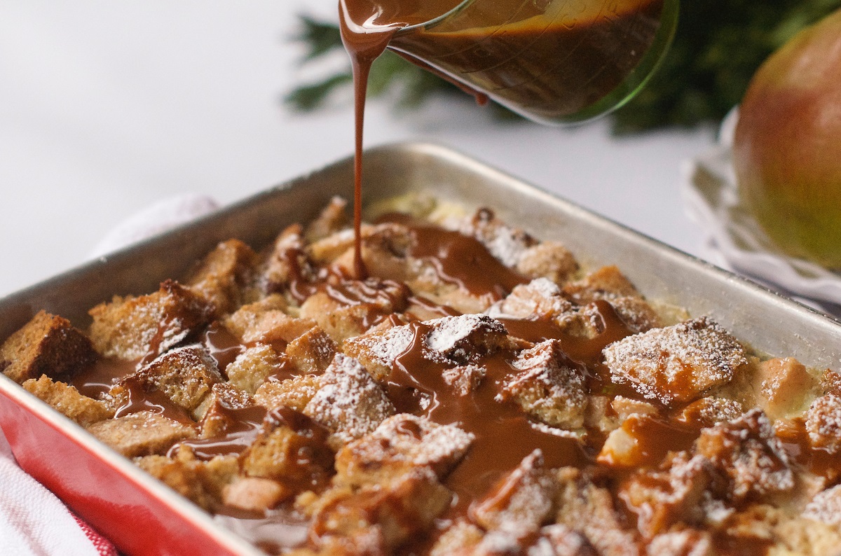 pear bread pudding caramel sauce pour close