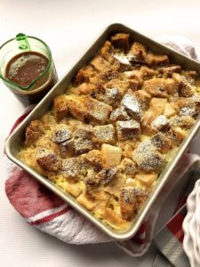 pear bread pudding ready for caramel sauce