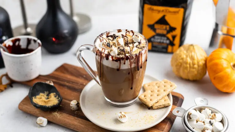 Coffee cocktail with roasted marshmallows in a mug surrounded by ingredients.