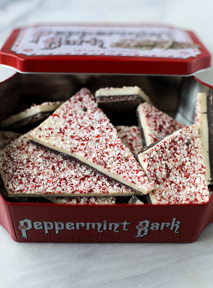 Peppermint bark in a tin.