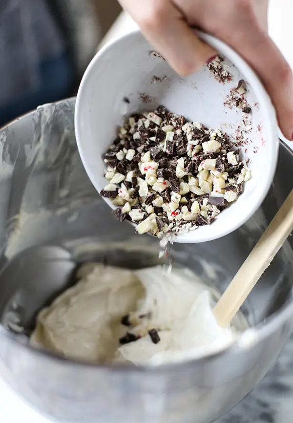 Process of making peppermint bark cheesecake.