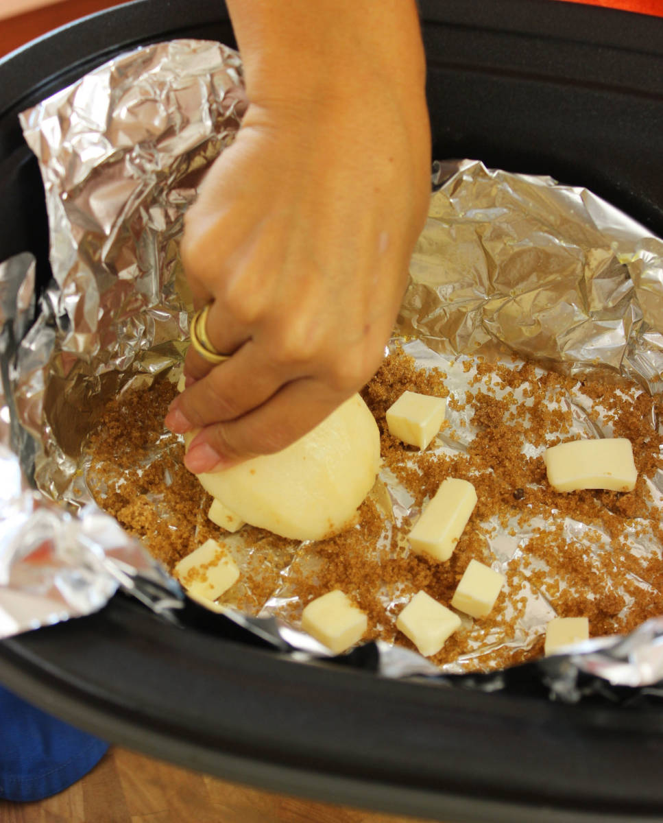 Slow cooker pear cake being made.