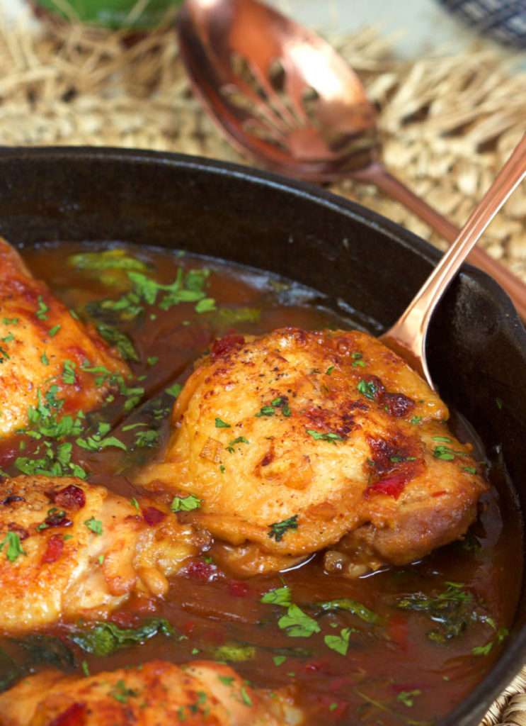 Pepper & Onion Relish Chicken image - pepper & onion relish chicken being served out of a skillet.