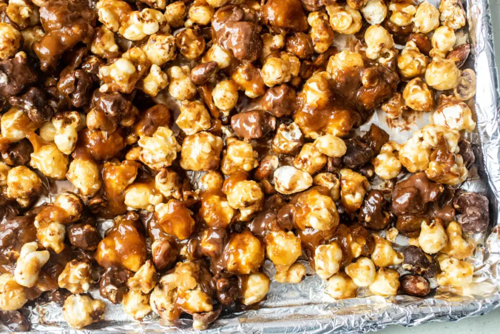 Halloween snack image - moose munch caramel bark on a cookie sheet