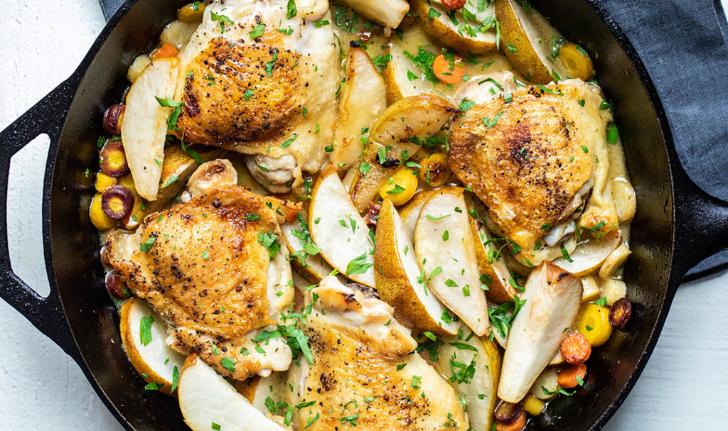 cooked braised chicken thighs with pears