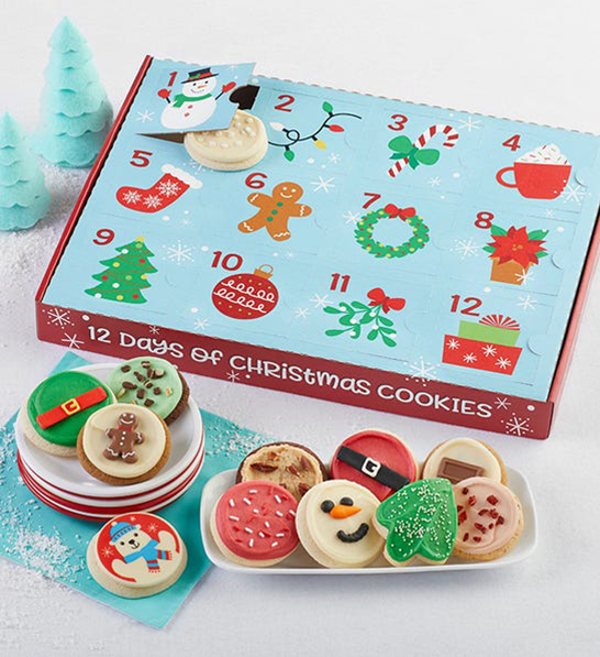 A photo of holiday gifts for him with a cookie advent calendar