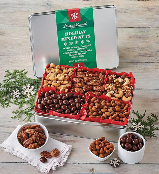 A photo of holiday gifts for him with a tray of assorted nuts
