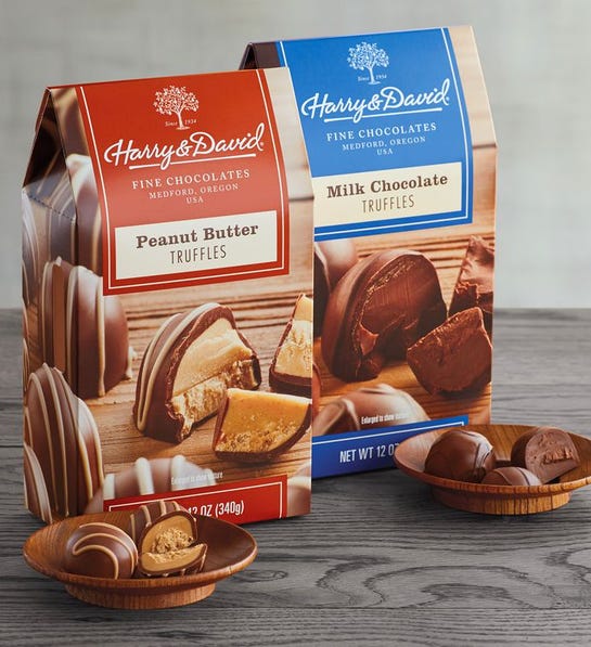 A photo of stocking stuffer ideas with two boxes of Harry & David truffles and a few truffles in two bowls in front of the boxes.