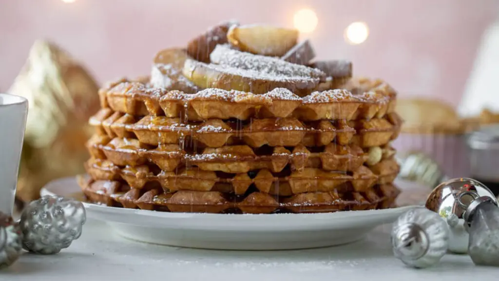 Christmas breakfast of waffles and spiced pears.