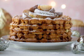 Christmas breakfast of waffles and spiced pears.