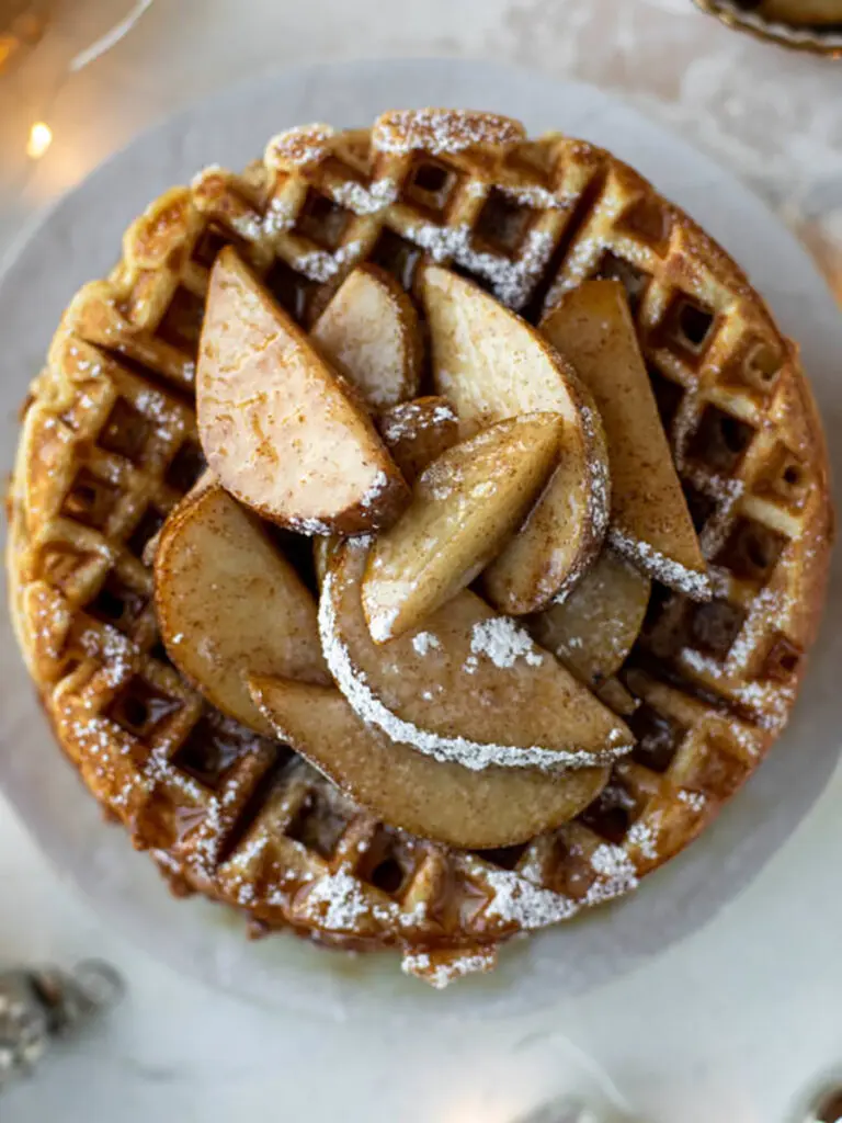 Christmas breakfast with a stack of waffles and spiced pears on a plate.