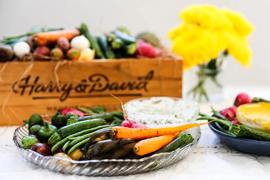 roasted baby vegetables and yogurt dips