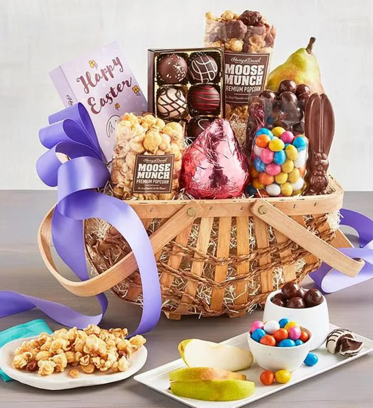 A photo of Easter gift ideas with a whicker basket full of chocolate, Moose Munch, and other snacks with a plate full of the same snacks in front of it.