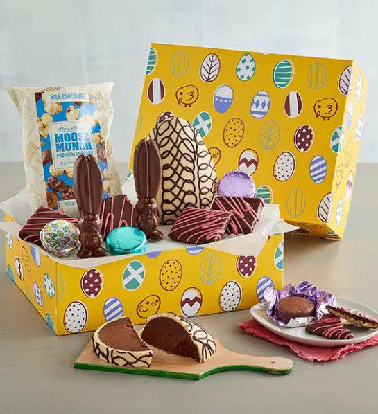 A photo of Easter gift ideas with a box of Easter chocolate and a the same items in front of the box on several plates.