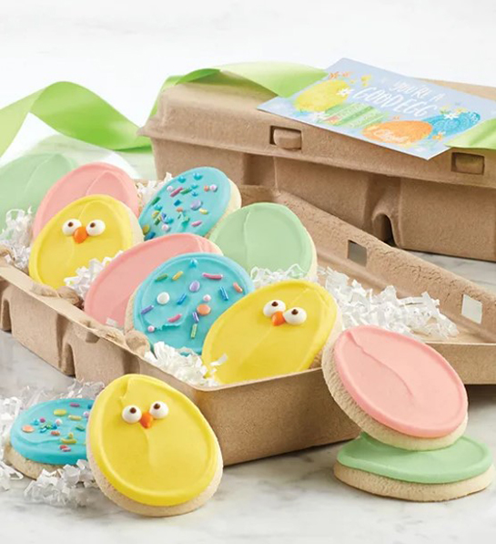 A photo of Easter gift ideas with an egg carton full of egg shaped Easter cookies.