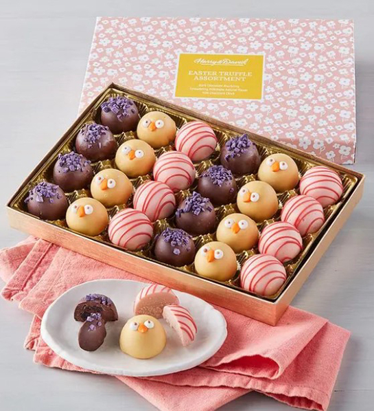 A photo of Easter gift ideas with a box of truffles, some decorated to look like flowers and baby chicks.