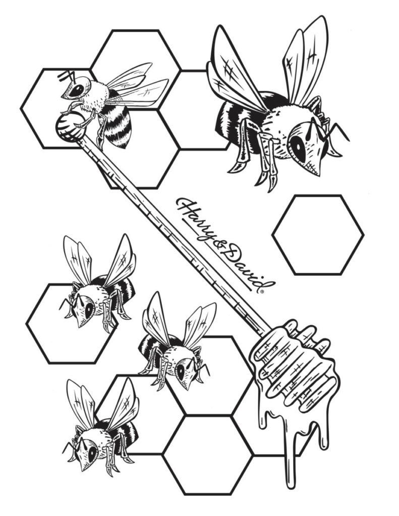 printable coloring page with bumble bees and honey