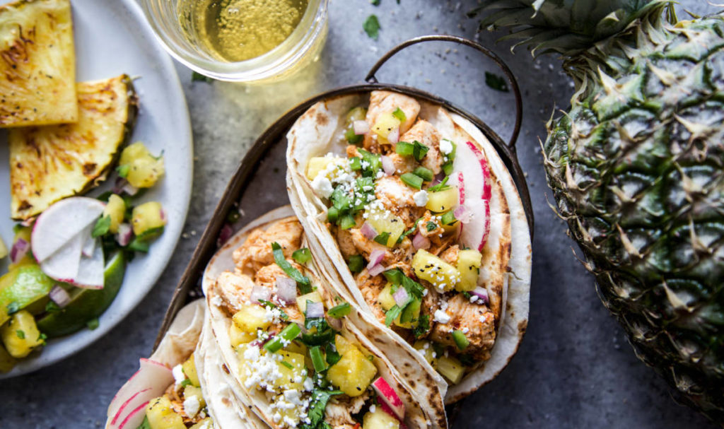 Grilled pineapple salsa on al pastor chicken tacos