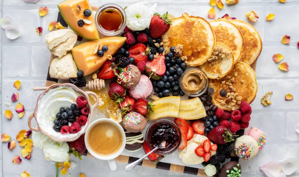 breakfast board with pancakes and scones