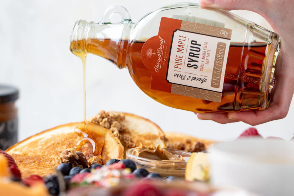 Harry & David syrup poured onto breakfast board