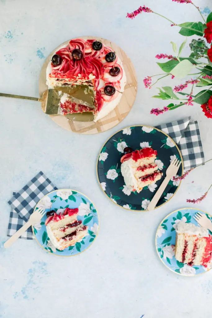 Rose Cake with summer cherries at 4th of july party