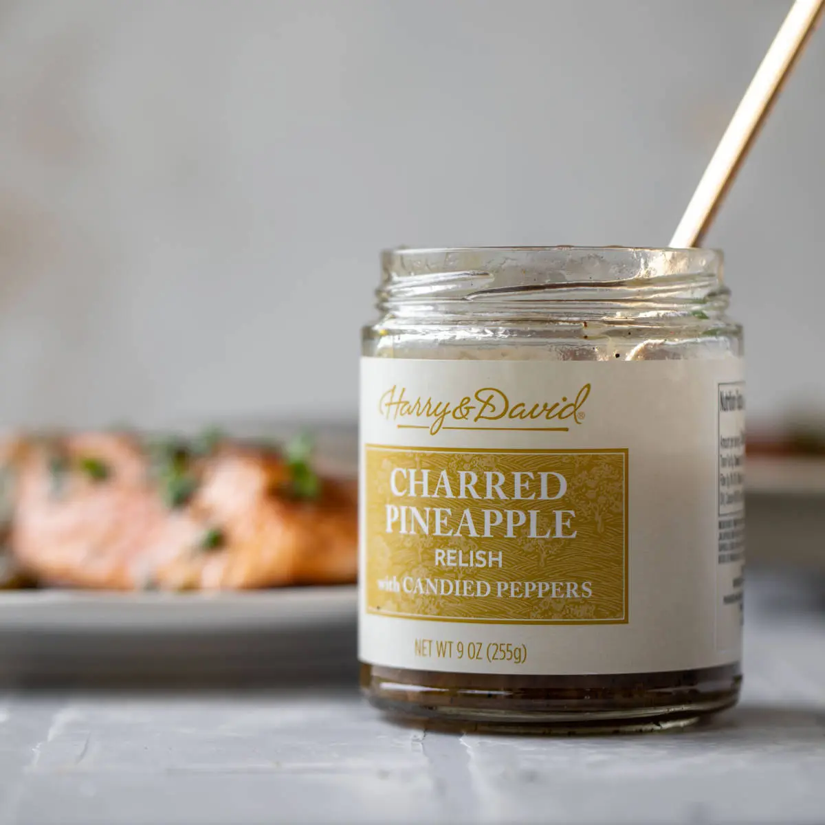 Jar of Harry & David's pineapple relish for grilled salmon recipe.