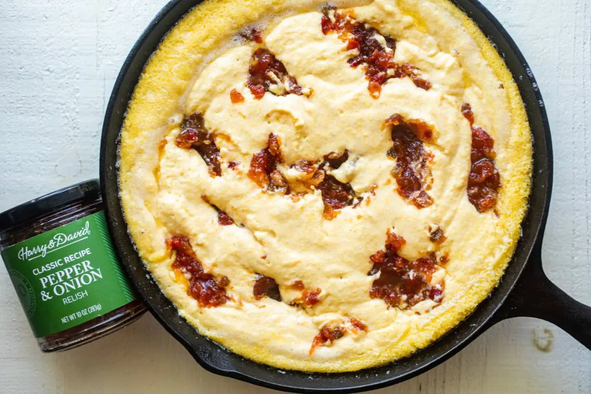 skillet cornbread batter with pepper relish mixed in