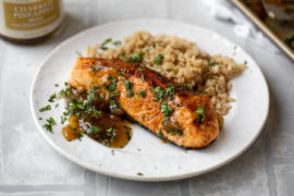 This is an image of a grilled salmon recipe with pineapple relish.
