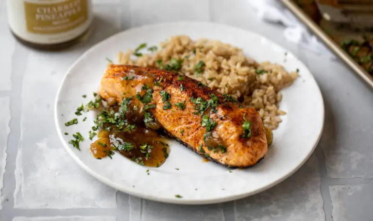 This is an image of a grilled salmon recipe with pineapple relish.