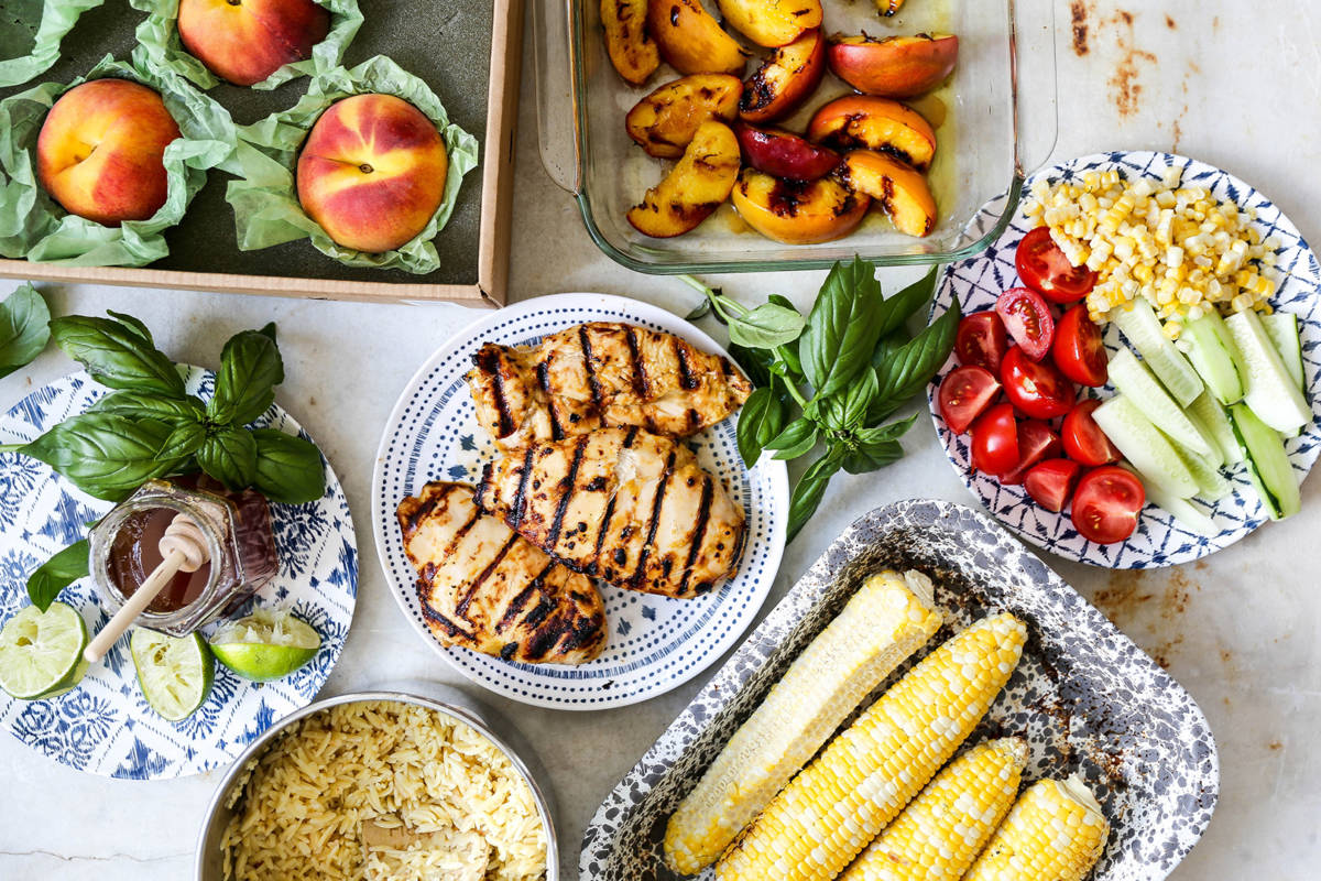 Ingredients for the honey lime chicken bowls with grilled peaches.