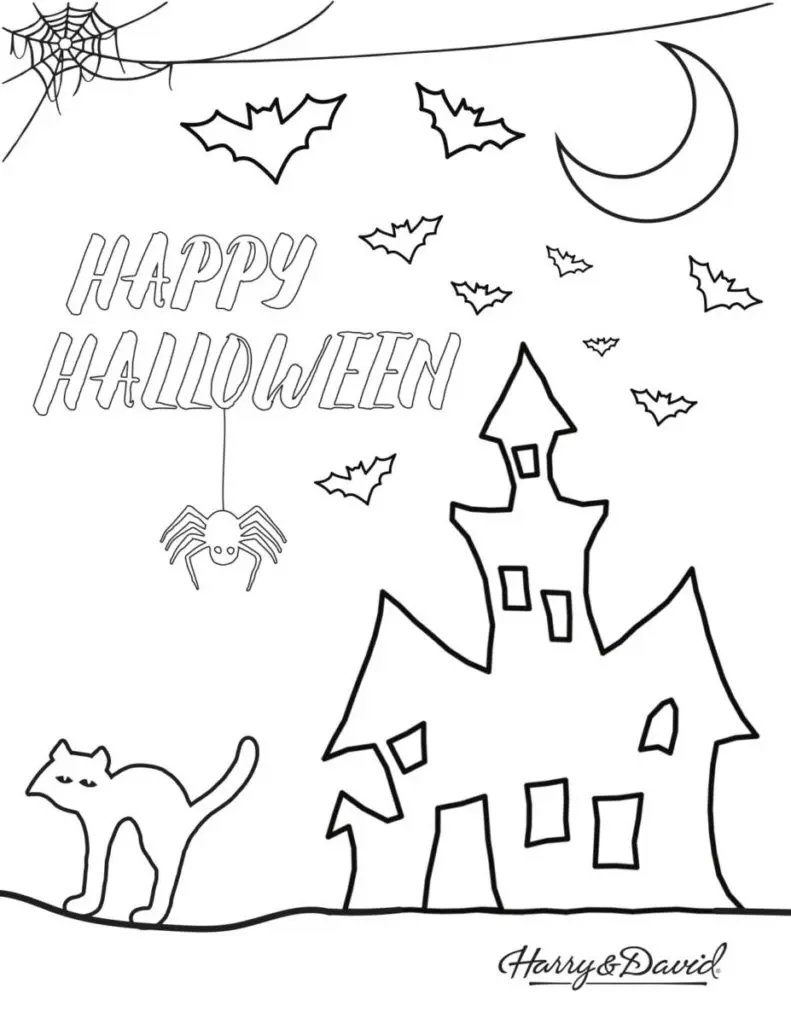 cat and haunted house coloring page