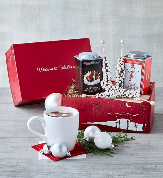 A photo of Christmas gifts under $30 with a box of hot chocolate, marshmallows and a mug