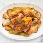 Roasted Thanksgiving Chicken with Pears, Bacon, and Leeks