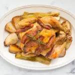 Roasted Thanksgiving Chicken with Pears, Bacon, and Leeks