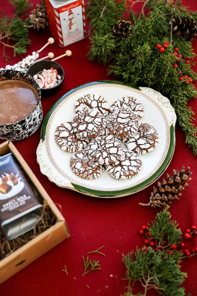 A photo of crinkle cookies on a plate surrounded by tins of cocoa and a mug of hot cocoa