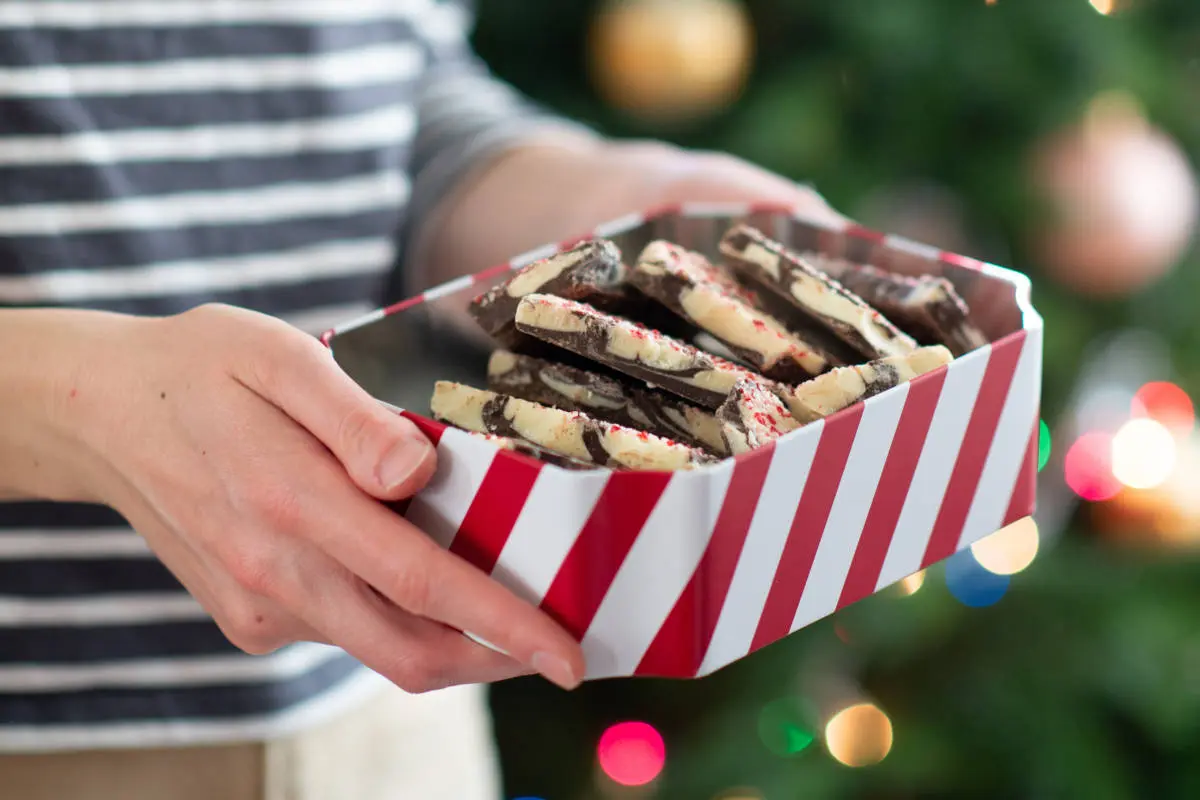 A photo of holiday spirit with someone holding a tin of peppermint bark.