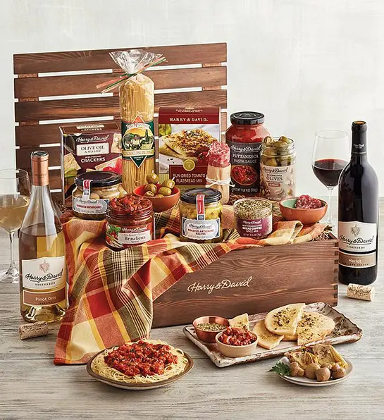 Best gift basket full of Italian inspired savory food items and two bottles of wine.