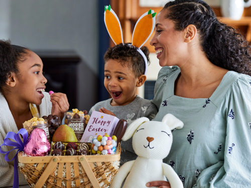 A photo of Easter basket stuffers with a family opening an Easter basket