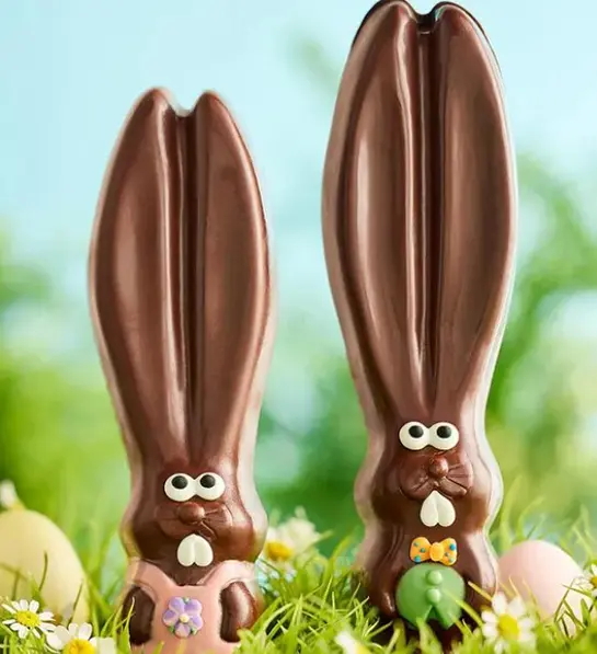 A photo of Easter basket stuffers with two chocolate bunnies