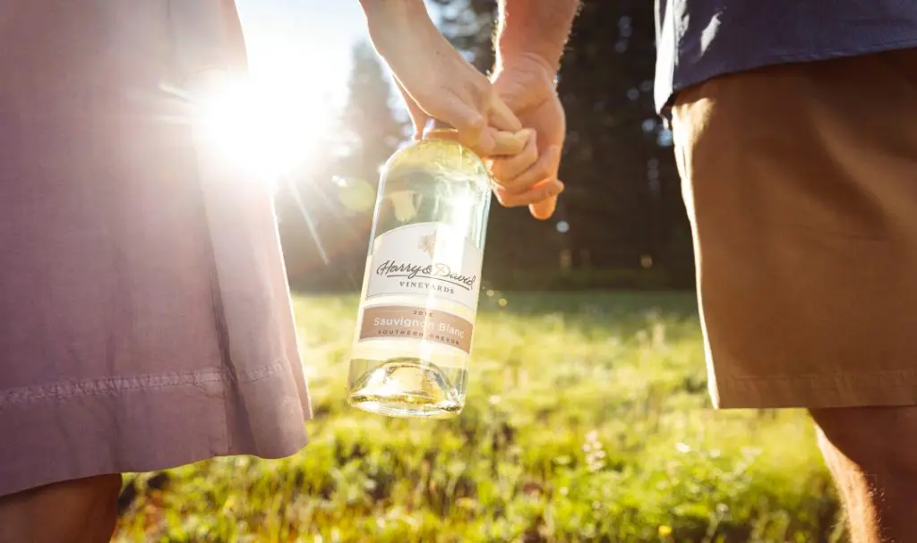 A photo of wines for spring with a wine bottle held by two people