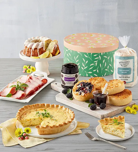 Mother's Day gift ideas with a brunch spread on a table.