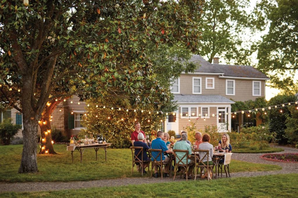 backyard party with people enjoying a meal at a farm table under a tree.