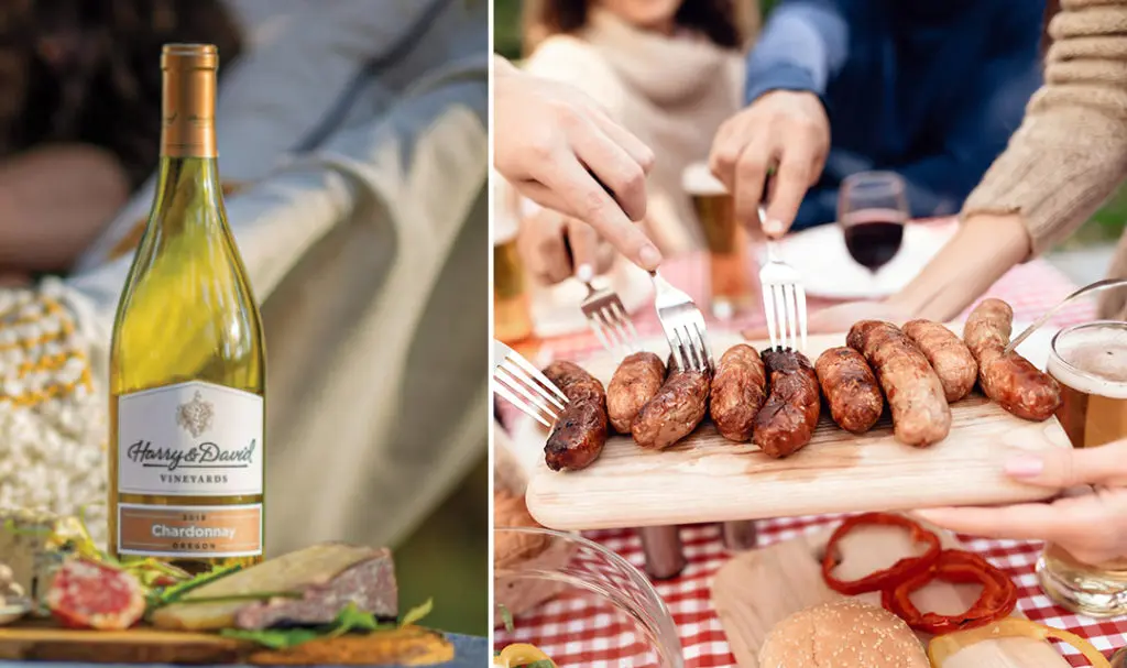 BBQ wine pairings with a bottle of chardonnay and a plate of grilled sausages.