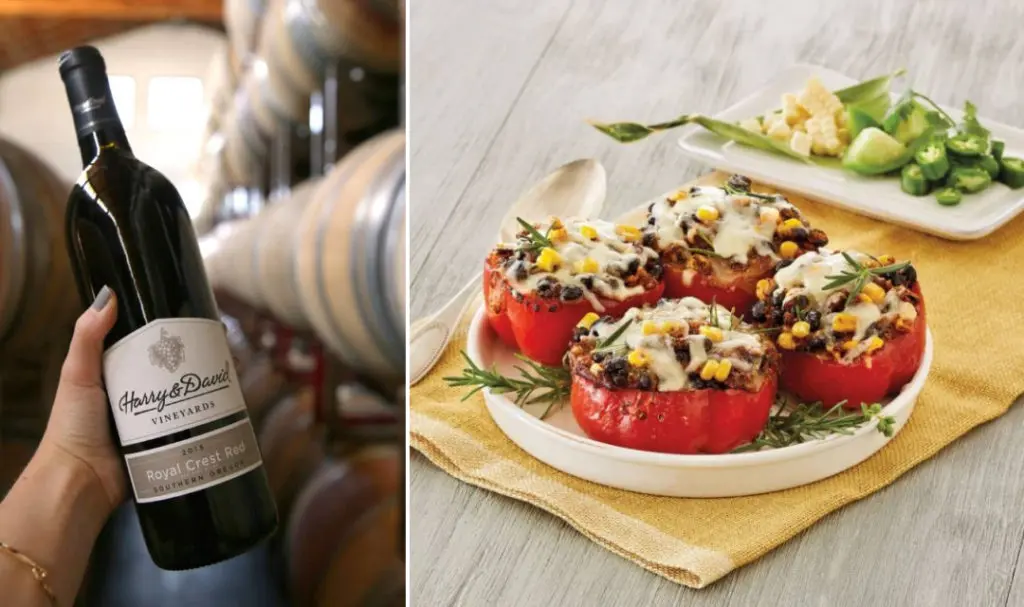 BBQ wine pairings with a bottle of Harry & David royal crest red and a plate of stuffed bell peppers.
