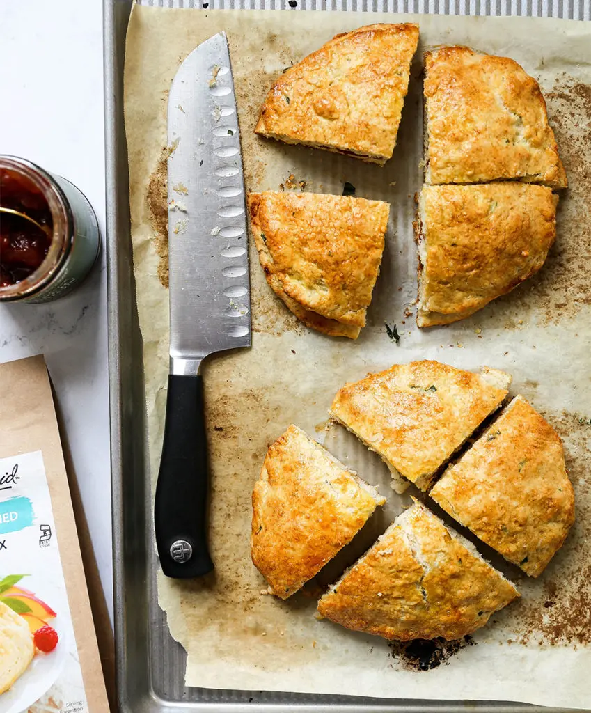 cut scones with pepper and onion relish